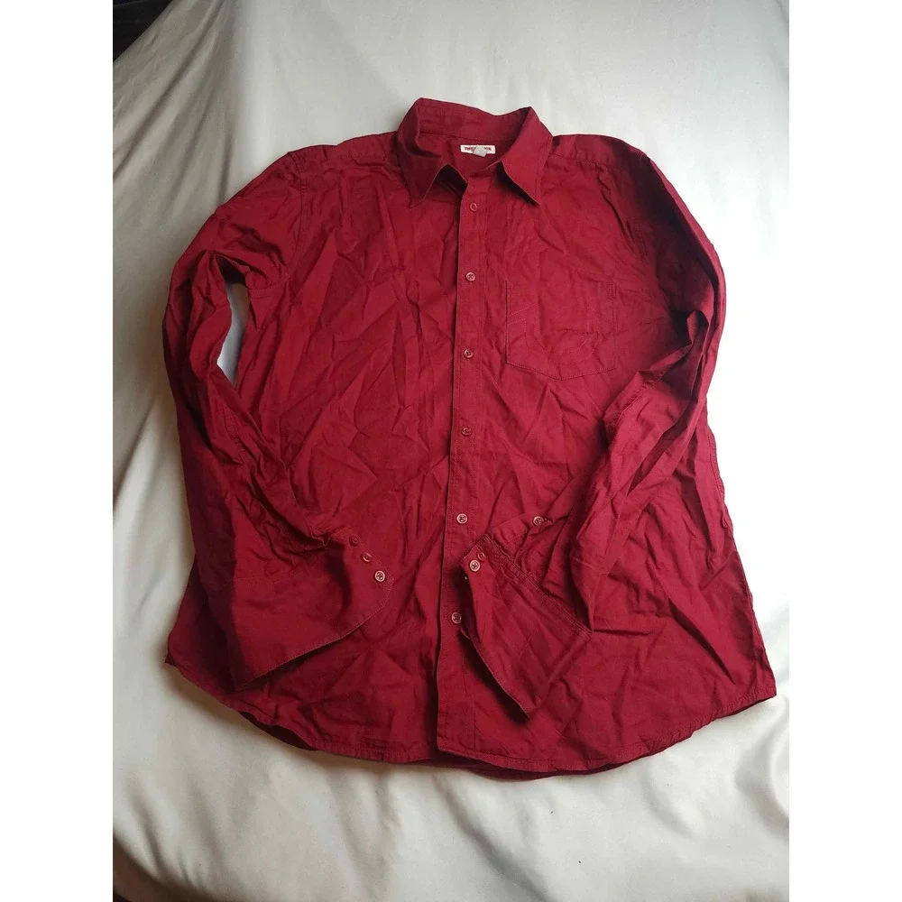 True Religion Mens Long Sleeve Button Down Shirt Red Cotton Horseshoe Pocket L